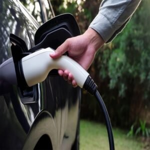 Closeup hand of a man put EV charger to recharge electric car